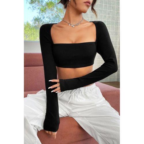 Kadın Siyah Modern Fit Uzun Kol Göğüs Ve Sırt Dekolteli Crop Top Bluz
