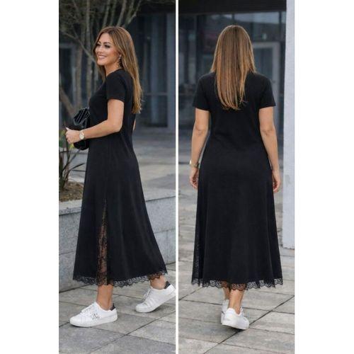 Kadın Kısa Kollu Bisiklet Yaka Yandan Yırtmaçlı Dantel Detaylı Uzun Viskon Elbise