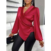 Kadın Uzun Kollu Kruvaze Yakalı Asimetrik Saten Bluz