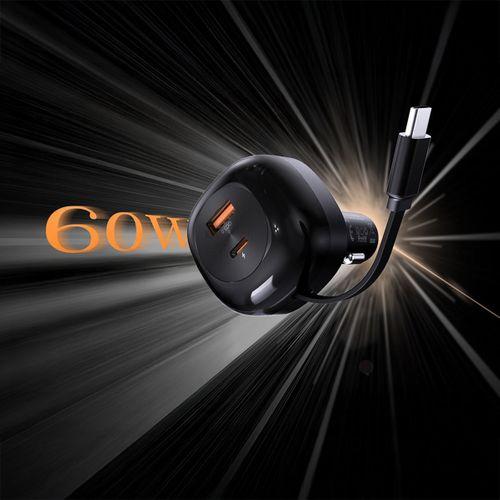 Lenyes CA59 Type-C Kablolu Hızlı Şarj Özellikli Type-C + USB-A Portlu Araç Şarj Aleti PD 60W