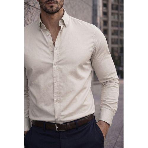 Likralı Regular Fit Nefes Alabilir Klasik Erkek Oxford Gömlek -Taş