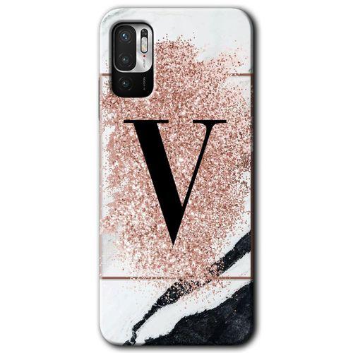 Redmi Note 10 5G Kılıf HD Desen Baskılı Arka Kapak - Pembe Mermer Desenli V Harfi