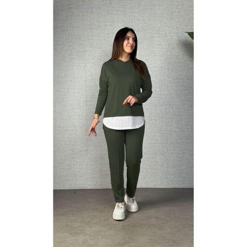 Kadın Uzun Kollu Kapşonlu Bağcıklı Viskon Iki Iplik Bluz Ve Pantolon Ikili Takım