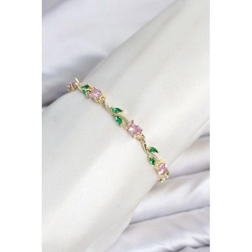 Pirinç Gold Renk Pembe Zirkon Taşlı Çiçek Model Kadın Bileklik