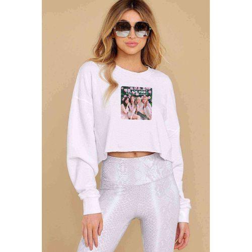 Blackpink Baskılı Crop Kadın Beyaz Sweatshirt