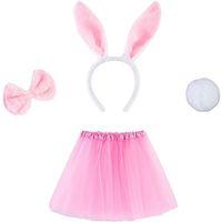 Çocuk Tavşan Tacı Eteği Papyonu ve Kuyruk Kostüm Seti Pembe Renk Çocuk Boy