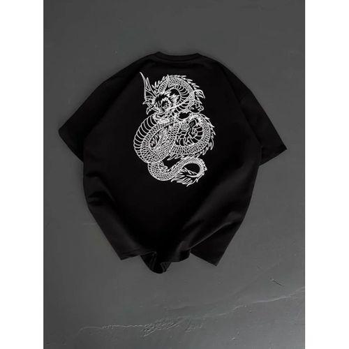 Baskılı Oversize Bisiklet Yaka T-shirt - Siyah