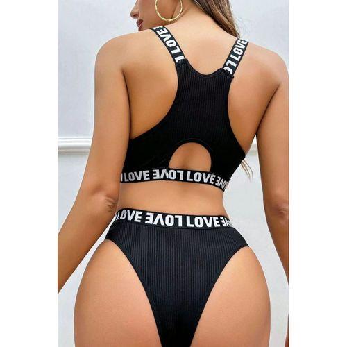 Kadın Siyah Çapraz Sırt Ve Love Lastik Detaylı Sütyen Külot Takım