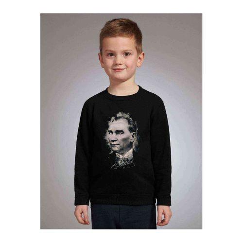 Ulu Önder Gazi Mustafa Kemal Atatürk Portre Baskılı Çocuk Siyah Sweatshirt