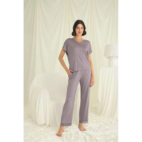 Kısa Kollu V Yakalı Dantelli Pijama Takımı