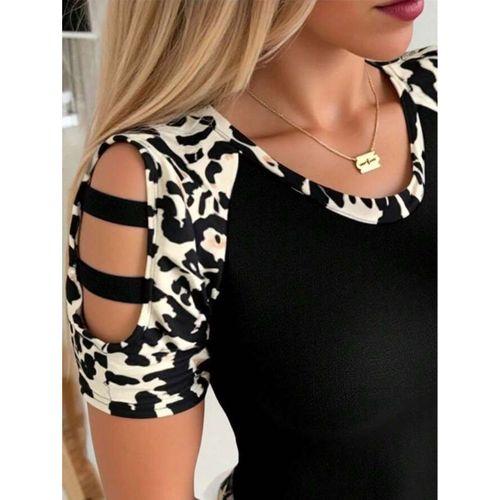 Kadın Kısa Kollu Yuvarlak Yaka Kollarda şerit Detaylı Leoparlı Viskon Bluz