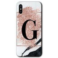MRCİLETİSİM Xiaomi Redmi 9A Kılıf HD Desen Baskılı Arka Kapak+Temperli Cam - Pembe Mermer Desenli G Harfi