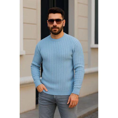 Erkek Bisiklet Yuvarlak Yaka Triko Kazak Pamuklu Kalın Fitilli Dokuma, Regular Fit Uzun Kollu Kışlık Model - Bebe Mavisi