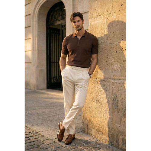 Jeff Selanik Örgü Polo Yaka Yarım Fermuarlı İnce Triko Erkek T-Shirt - Kahve