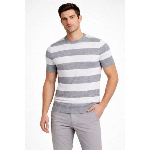 Erkek T-shirt Çizgili Triko Dokuma Bisiklet Yaka Tişört - Gri
