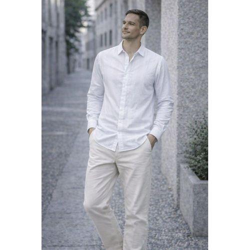 Proust Çizgili İnce Modal Kumaş Uzun Kollu Yazlık Erkek Gömlek - Ekru