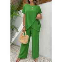 Kadın Kısa Kollu Bisiklet Yaka Asimetrik Kesim Detaylı Bürümcük Bluz Ve Pantolon Ikili Takım