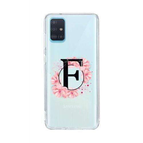 Samsung A51 Pembe Çiçek Desen F Harfli Şeffaf Kılıf