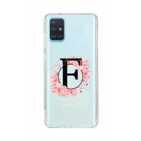 Samsung A51 Pembe Çiçek Desen F Harfli Şeffaf Kılıf