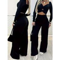 Kadın Uzun Kollu Göğüs Dekolteli Ithal Krep Bluz Ve Pantolon Ikili Takım