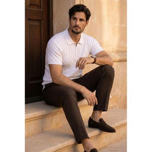 Burke Saç Örgü Yarım Fermuarlı Kısa Kollu İnce Triko Erkek T-Shirt - Ekru