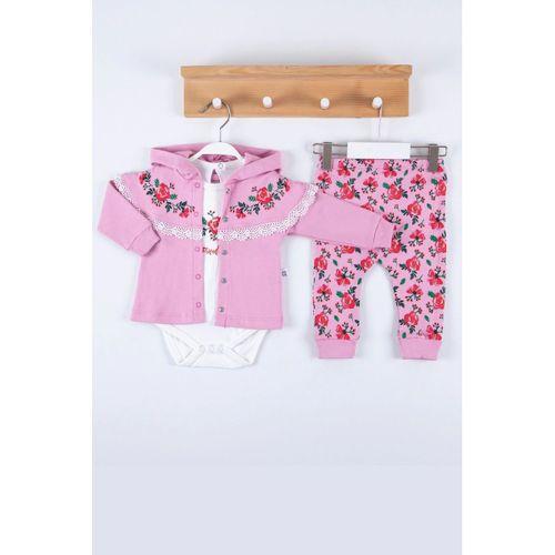 Flover Nakışlı Hırkalı % 100 Pamuk 3'lü Kız Takım