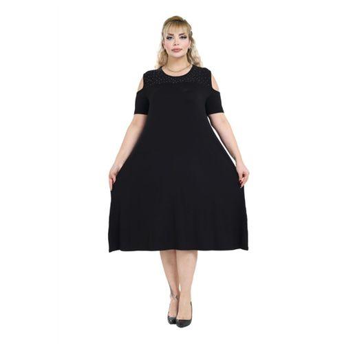 Melsay Butik Siyah Taş Baskılı Omuzu Açık Midi Elbise