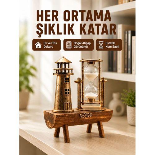 Ahşap Kum Saati Ve Deniz Feneri Figürü Bir Arada Ev Ofis Dekorasyonu Yeni Nesil