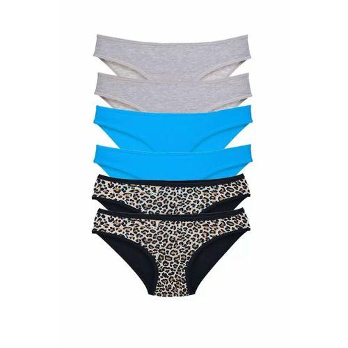 6 Adet Likralı Kadın Slip Külot Leopar Gri Mavi