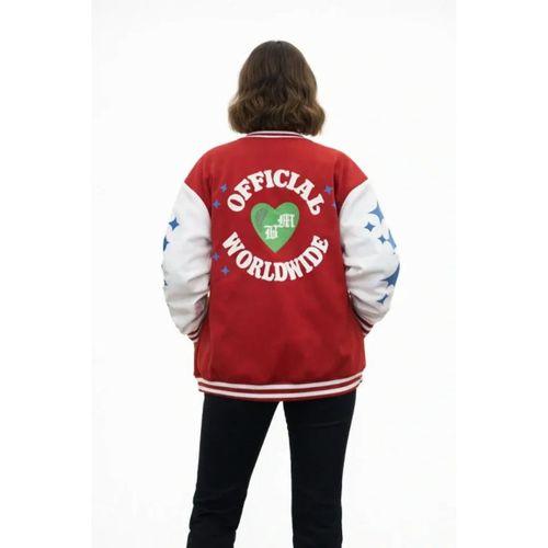 Kırmızı Varsity Çıtçıtlı Baskılı Oversize Kalıp Kolej Ceket - Kırmızı