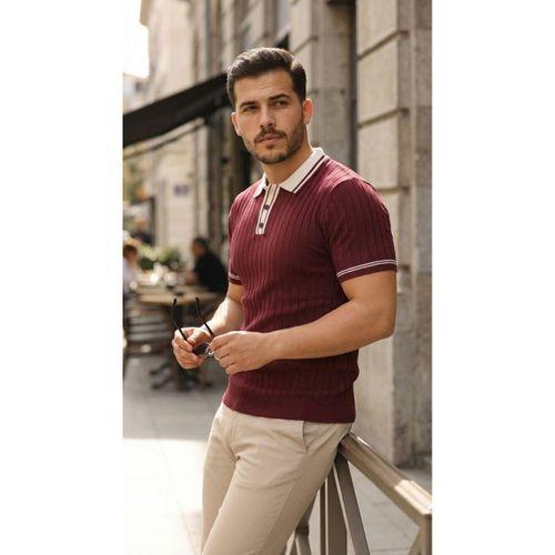 Erkek Düğme Yakalı Kontrast Yaka Triko Tişört