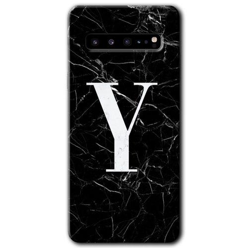 Samsung Galaxy S10 Plus Kılıf HD Desen Baskı Arka Kapak + TemperliCam - Siyah Mermer Desenli Y Harf