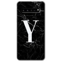 Samsung Galaxy S10 Plus Kılıf HD Desen Baskı Arka Kapak + TemperliCam - Siyah Mermer Desenli Y Harf