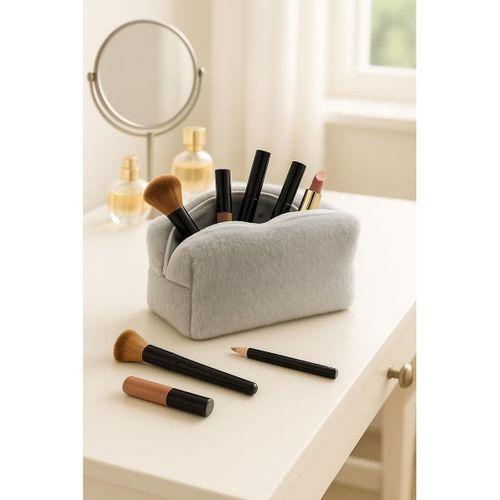 Peluş Yumuşacık Makyaj Çantası - Kozmetik Organizeri Gri