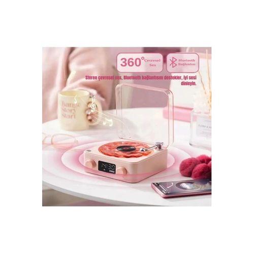 Waves Nostalji Plak Görünümlü Bluetooth Hoparlör 3d Ses Dalgası Retro Müzik Plak Pembe