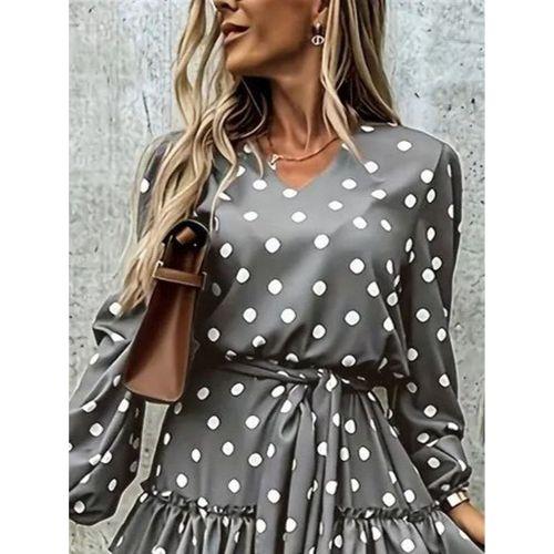 Kadın Uzun Kollu V Yakalı Belden Kuşaklı Puantiyeli Mini Modal Elbise