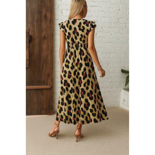 Kadın Kısa Kollu V Yakalı Desenli Yandan Yırtmaçlı Süprem Elbise