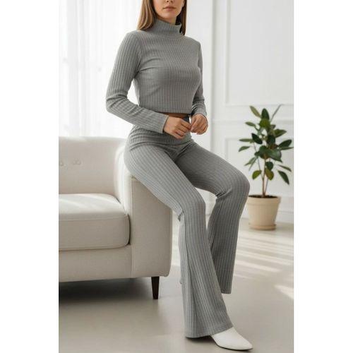 Kadın Gri Fitilli Boğazlı Crop Üst İspanyol Paça Pantolon Eşofman Takımı Esnek 2’li Set