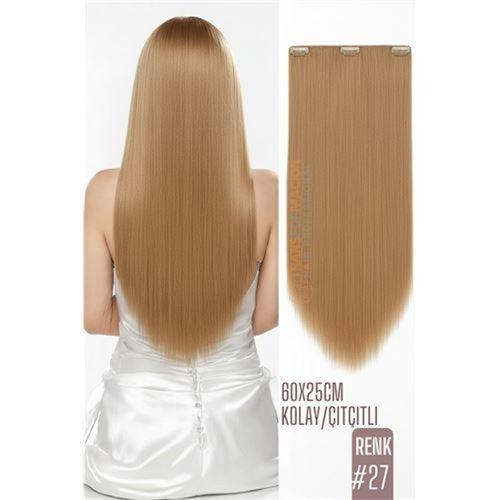 Doğal Görünümlü Düz Siyah Sentetik Kaynak Saç – RENK KOD:#27 Kolay Tak Çıkar, Işıltılı Etki!