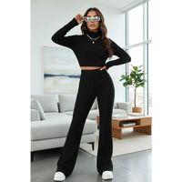 Kadın Siyah Boğazlı Crop Top Yüksek Bel Eşofman Takımı Spor Şık 2’li Set