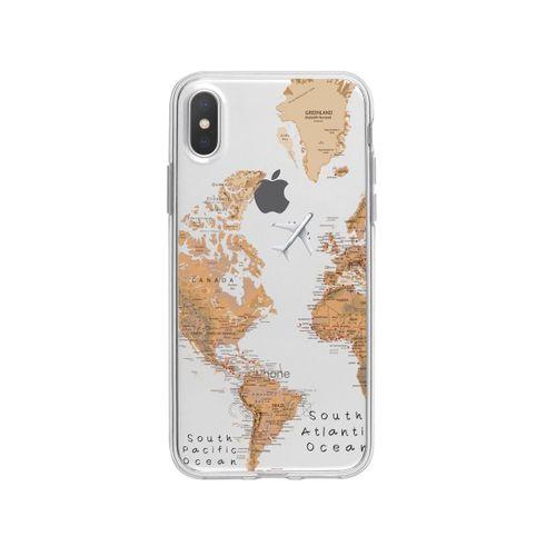 iPhone X Dünya Harita Desenli Premium Şeffaf Silikon Kılıf