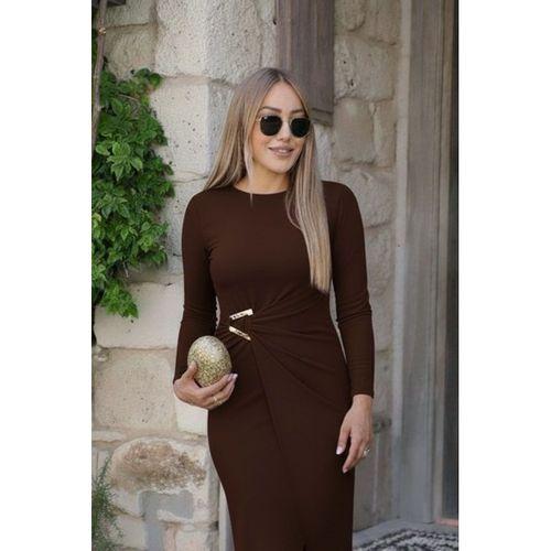 Kadın Uzun Kollu önden çapraz Detaylı Yandan Toka Detaylı Uzun Sandy Elbise