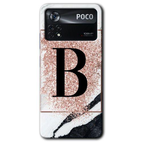 Potkal Hediye Fabrikası Poco x4 Pro Kılıf HD Desen Baskılı Arka Kapak - Pembe Mermer Desenli B Harfi