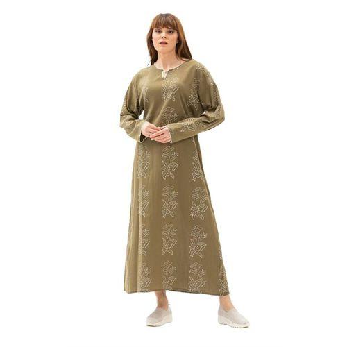 Büyük Beden Uzun Kol Şile Bezi Baskılı Zambak Desen Uzun Yazlık Elbise Haki Hk