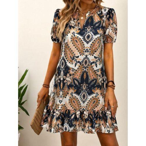 Kadın Kısa Kollu V Yakalı Desenli Kısa Süprem Elbise