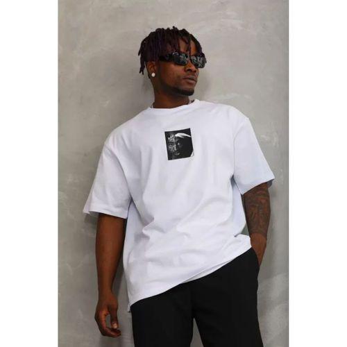 Unisex Oversize Baskılı Bisiklet Yaka T-Shirt - Beyaz