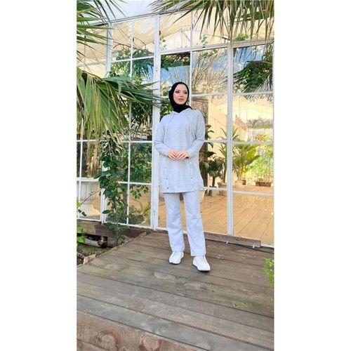 Kapşonlu Çıtçıt Detaylı Kısa Sweat Pantolon İkili Tesettür Eşofman Takımı - 03079.008 - Gri