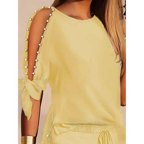 Kadın Kısa Kollu Bisiklet Yaka Yarı Açık Omuz Inci Detaylı Short T-shirt Viskon Ikili Takım