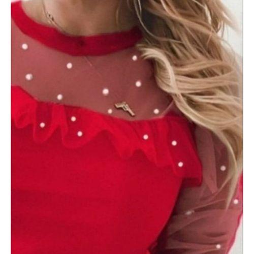 Kadın Uzun Kollu Inci Detaylı Tüllü Viskon Bluz