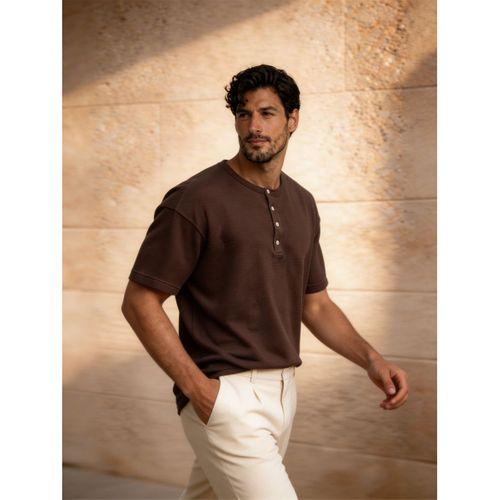 Roth Relaxed Fit Günlük Henley Yaka Waffle Kumaş Yazlık Kısa Kollu T-Shirt - Vizon